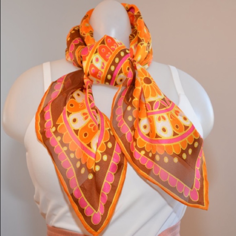 Famous NYC Designer Marigold and Magenta Floral Print- Silk Scarf